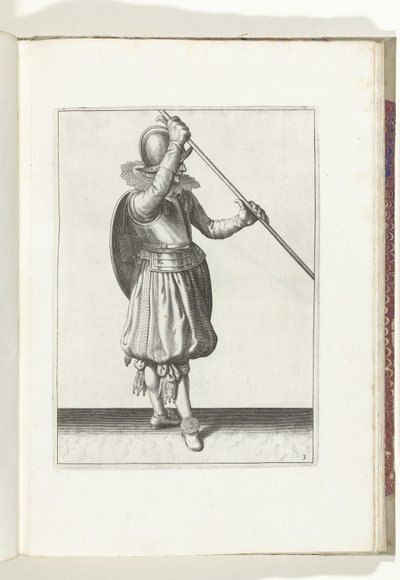 De exercitie met schild en spies: de soldaat met de spies schuin in beide handen met de rechterhand bij het hoofd en het schild op de rug (nr. 3), 1618 De Nassausche Wapen-Handelinge, van Schilt, Spies, Rappier ende Targe : beyde figuerlick afgebeelt, end  av Adam van Breen