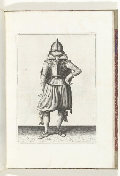 De exercitie met schild en spies: de soldaat staande in rust met het schild op de rug (nr. 27), 1618 De Nassausche Wapen-Handelinge, van Schilt, Spies, Rappier ende Targe : beyde figuerlick afgebeelt, ende gestelt na de nieu ordening [van] (...) Maurits v  av Adam van Breen
