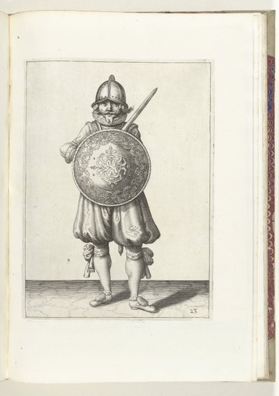 Skjold- og piggøvelsen: Soldaten som står i ro, raperen hans hviler på venstre skulder bak skjoldet (nr. 23), 1618 Nassausche Wapen-Handelinge, van Schilt, Spies, Rappier and the Targe: beyde figuerlick avbildet, ende innrammet etter n av Adam van Breen