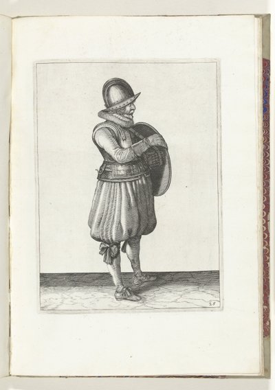 Skjold- og piggøvelsen: Soldaten trekker armen fra skjoldets belte (nr. 25), 1618 Nassausche Wapen-Handelinge, van Schilt, Spies, Rappier and the Targe: beyde figuerlick avbildet, og innrammet etter den nye orden [av] (...) Maurits av Adam van Breen