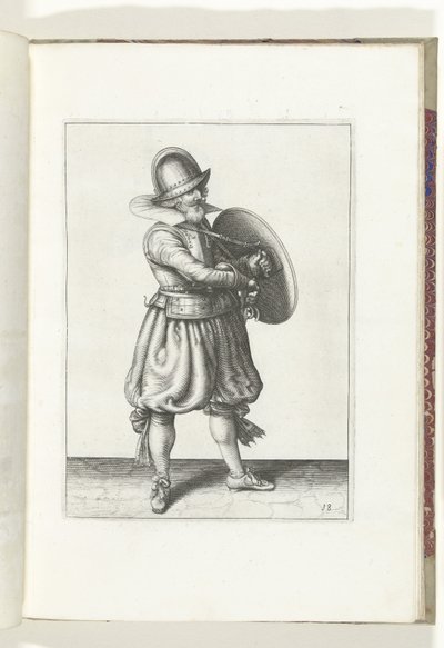 Skjold- og piggøvelsen: Soldaten tegner sin rapier fra bak skjoldet (nr. 18), 1618 Nassausche Wapen-Handelinge, van Schilt, Spies, Rappier and the Targe: beyde figuerlick avbildet, og innrammet etter den nye orden [av] (...) Maurits v av Adam van Breen