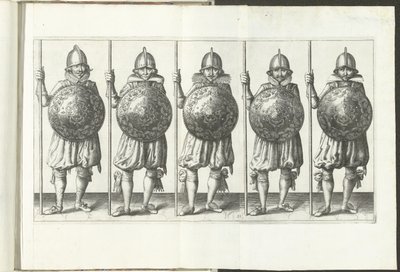 Skjold- og piggøvelsen: Fem soldater som står side om side på linje med spiran i høyre hånd hvilende på bakken og skjoldet foran brystet (nr. 31), 1618 The Nassausche Wapen-Handinge, van Schilt, Spies, Rappier andde Mål : beyde f av Adam van Breen