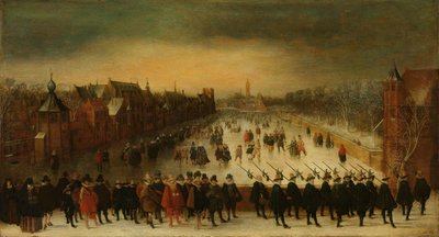 Vijverberg, Haag, om vinteren, med prins Maurits og hans følge i forgrunnen av Adam van Breen