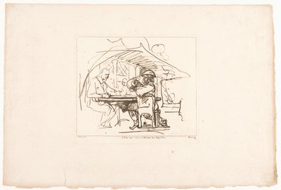 To menn ved et bord, en av dem med en mugge Seks trykk etter tegninger av Rembrandt, oppbevart i Hofbibliothek i Wien (serietittel) Six estampes gravées d