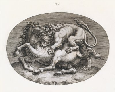 Speculum Romanae Magnificentiae: Lion Attacking a Horse, c1540-80.    1195341   no       norwegian Successfully Translated  Original: Spring Translat: Spring 1276468 no norwegian Successfully Translated Original: Studieblad met tekenvoorbeelden: koppen, di av Adamo Scultori
