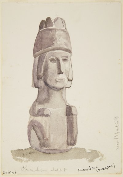 2 fot høy steinstatue av et menneskehode fra Chicualoque, nær Papantla (akvarell) av Adela Breton