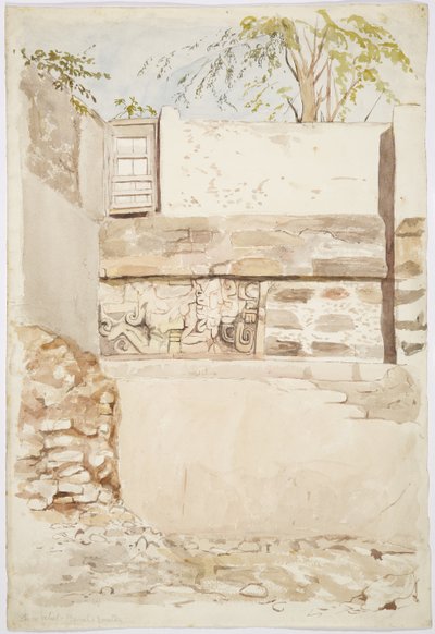 Et steinrelieff i en husvegg fra Izamal, Yucatan, Mexico av Adela Breton
