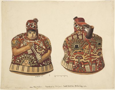 Beholder med en menneskelig figur på den ene siden og en tut bak hodet Fra Nazca, Peru (akvarell) av Adela Breton