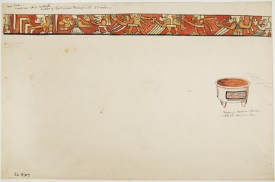 Innerkant av en stativvase (som viser groteske figurer) og en hvit gryte med design inneholdt i rektangler (akvarell) av Adela Breton