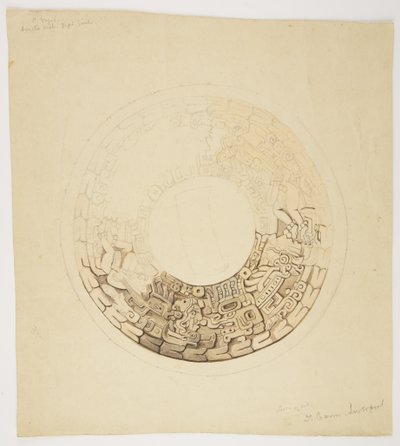 Grytetrekk fra Belize (tidligere Britisk Honduras) Sirkulært design, hvorav en del mangler, viser et design inkludert figurer av menn, glyfer etc (akvarell) av Adela Breton