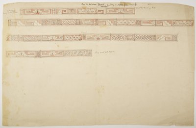 Ruiner/steinrelieffer ved tempelet i Uxmal, Mexico som viser frise (akvarell) av Adela Breton