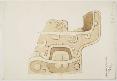 Ruiner/steinrelieffer ved tempelet i Uxmal, Mexico som viser en del av steinutskjæring (akvarell) av Adela Breton