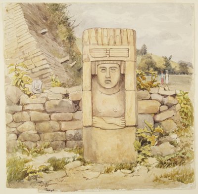 Statue fra Teayo, nord i Veracruz, Mexico Viser steinstatue med bryster og foldede armer (akvarell) av Adela Breton