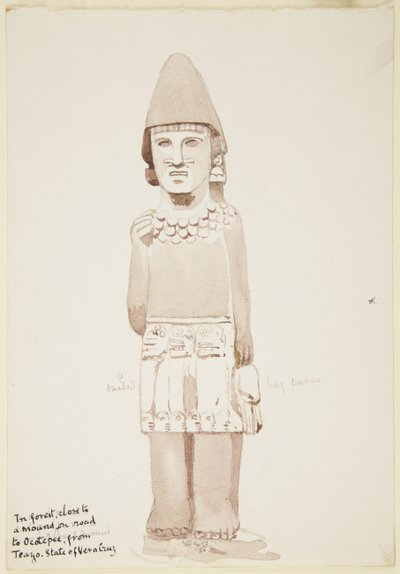 Statue fra Teayo, nord i Veracruz, Mexico Viser steinstatue med mannsfigur iført kilt (akvarell) av Adela Breton