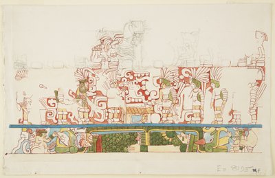 Steinrelieff fra sentrum av nordmuren, nordbygning C, ballbane, Chichen Itza, Mexico (akvarell) av Adela Breton