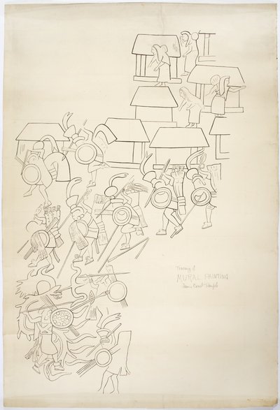 Sporing av et veggmaleri fra vestmuren, Upper Temple of the Jaguars, Chichen Itza, Mexico Tracing er blekk over (svart blekk og grafitt) av Adela Breton