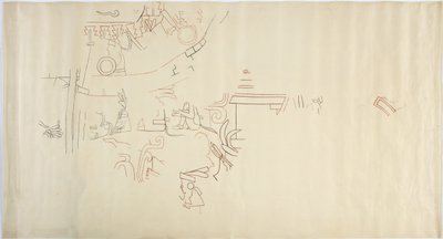 Sporing av et veggmaleri fra Casa de Monjas, Chichen Itza, Mexico hvelv i stort kammer (rødt, svart og brunt blekk og grafitt) av Adela Breton