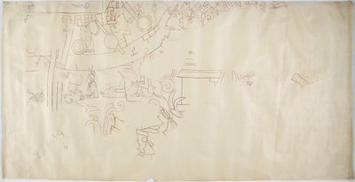 Sporing av et veggmaleri fra Casa de Monjas, Chichen Itza, Mexico hvelv i stort kammer (rødt, svart og brunt blekk og grafitt) av Adela Breton