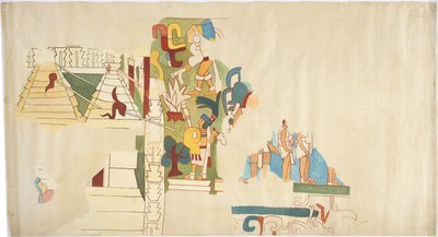 Sporing av et veggmaleri fra Casa de Monjas, Chichen Itza, Mexico Viser hvelv i stort kammerTracing blekket over i svart og malt med akvarell Fullskala omriss av den nordlige halvdelen av veggmaleriet (akvarell, kroppsfarge, grafitt) av Adela Breton