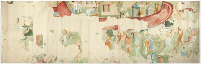Sporing av et veggmaleri fra den nordvestlige veggen, indre kammer, Jaguarens øvre tempel, Chichen Itza, Mexico   (akvarell og kroppsfarge) av Adela Breton