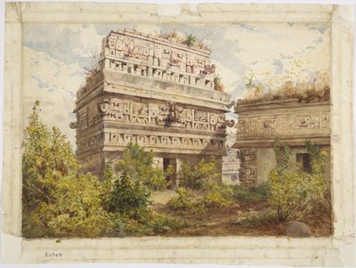 Ruinene av Chichen Itza, Yucatan, Mexico viser vestfasaden til Iglesia (akvarell) av Adela Breton