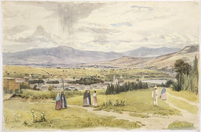 Utsikt over Tlaxcala og Ixtaccihuatl i Mexico (akvarell) av Adela Breton