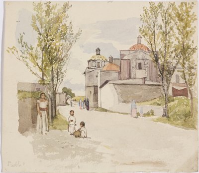 Utsikt over en landsbygate med kvinner og barn - Puebla (?), Mexico (akvarell og grafitt) av Adela Breton