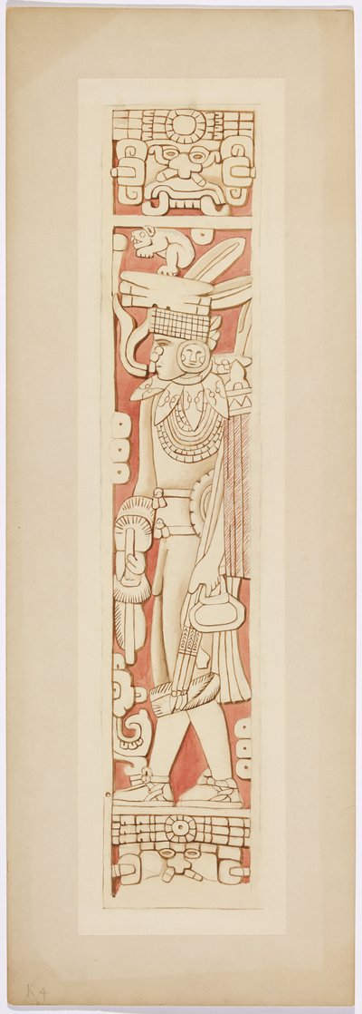 Krigerfigur på dørkarmene mellom det indre og ytre kammeret til Upper Temple of the Jaguars (akvarell) av Adela Breton
