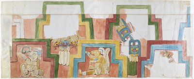 Akvarellkopi av stukkaturfasaden til tempelet på pyramiden ved Acanceh Full skala To rader med figurer innenfor en avtrappet ramme Figur 1-5 (akvarell) av Adela Breton