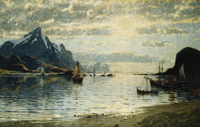 En fjordscene med seilfartøy, av Adelsteen Normann