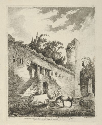 Utsikt over et gammelt slott på vei fra Roma til Napoli fra Differentes vue..., 1700-tallet. av Adélaide Allou