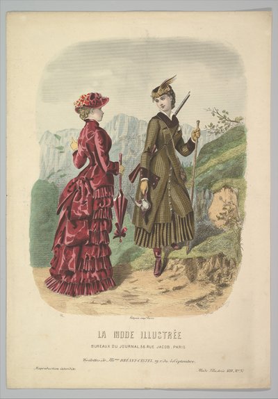En dame i et jaktkostyme med en dame i gådrakt på en fjellsti fra La Mode..., 1881. av Adèle Anaïs Colin