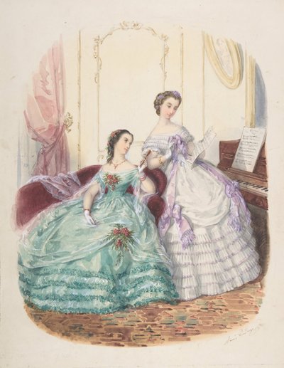 Motestudie: To kvinner i aftenkjole, ca. 1860. av Adèle Anaïs Colin