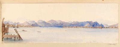 Borneo - Utsikt nedover elven fra huset vårt fra Vestindia, Nord-Amerika og Borneo utklippsbok, ca. 1845 (akvarell) av Admiral Sir Edward Gennys Fanshawe