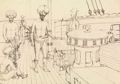 #39;Seru [Seru Epenisa Cakobau (Thakombau)], om bord, og Masomalua (i hatten), oktober 1849 [Fiji] av Admiral Sir Edward Gennys Fanshawe
