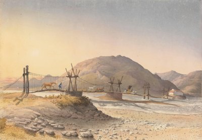 Hengebro av skinnremmer (men reparert med kjetting) over Maypu, fem ligaer sør for Santiago, Chile, 11. januar 1851 av Admiral Sir Edward Gennys Fanshawe