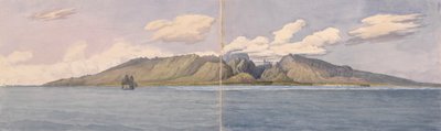 «Tahiti [Samfunnsøyene]. Fautaua-ravinen - Krone- eller diademefjellet midt på øya, og byen Papeiti, 24. august 1849» av Admiral Sir Edward Gennys Fanshawe