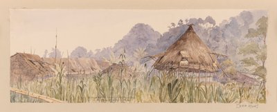 Landsby og hovedhus for Segu-stammen eller ved Manuk- eller Segur-elven fra utklippsboken Vestindia, Nord-Amerika og Borneo av Admiral Sir Edward Gennys Fanshawe