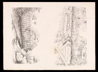 Landsbyen til Stang-stammen, Sarawak, Borneo; og en bro av stolper over en elv fra utklippsboken Vestindia, Nord-Amerika og Borneo, ca. 1845 (litografi) av Admiral Sir Edward Gennys Fanshawe