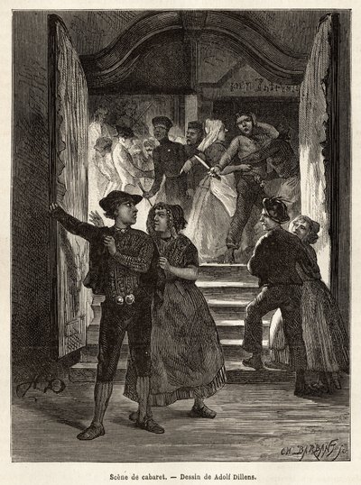 En kabaretscene, et par forlater scenen, mens en mann truer dem med en kniv, holdt av to kvinner; mens et annet par møter dem når de går inn i kabareten, graverer etter tegningen av Adolf Dillens, illustrerer en reise til Zelande (Neerlande), av Adolf Alexander Dillens