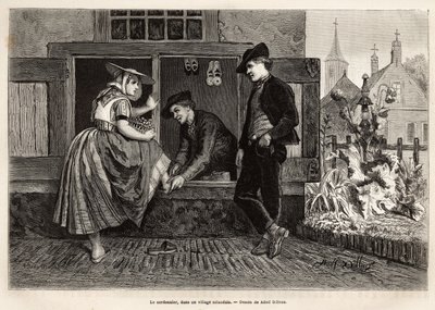 En skomaker i en landsby i Zeland får en ung kvinne til å prøve en sko akkompagnert av en ung mann, gravering etter tegningen av Adolf Dillens, som illustrerer en reise til Zelande (Neerlande), i 1873, av Charles de Coster, publisert i "Le tour du monde» 1 av Adolf Alexander Dillens
