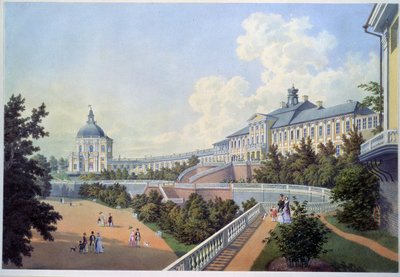 Det store palasset til Oranienbaum (Russlands kongelige residens), som ligger i Lomonossov i tettstedet St. Petersburg (Det store Oranienbaum-palasset). Maleri av Adolf Bezemann (1806-1867). Akvarell på papir av Adolf Besemann