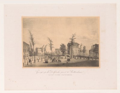 Utsikt over Delftse Poort i Rotterdam Utsikt over Delftsche-porten i Rotterdam / kommer fra stasjonsbygningen (tittel på objekt) Society for Promotion of Toonkunst, dets musikkfestival og byen Rotterdam. minne om året 1854 (se av Adolf Carel Nunnink