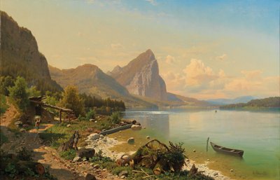 Spill på Mondsee nær Scharfling med utsikt over Drachenwand av Adolf Chwala