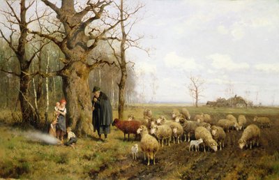 Barn med en hyrde og sauer i et landskap (olje på lerret) av Adolf Ernst Meissner