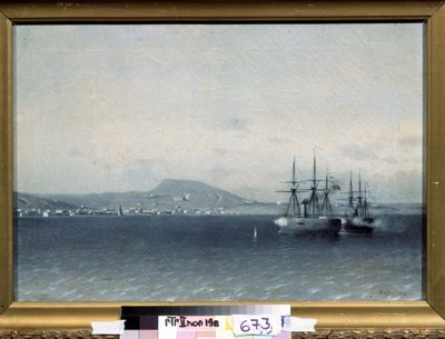 Russisk-tyrkisk (russisk tyrkisk) krig 1877-1878: ""Byen Theodosia (eller Feodosiya) på Krim bombardert av den tyrkiske flåten i 1878"" (Den tyrkiske flåten bombet byen Feodosiya i 1878) Maleri av Adolf Fessler (1826-1885) 1878 Stat Tretyakov G av Adolf Fessler