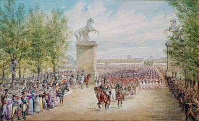 Tsar Alexander I (1777-1825) klatrer opp Champs Elysees med sin hær i Paris i 1814. Maleri av Adolf Charlemagne (1827-1901) av Adolf Jossifowitsch Charlemagne