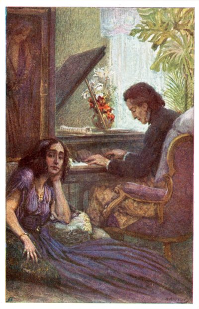Musiker og komponist, Frederic Chopin, med George Sand av Adolf Karpellus (farge litho) av Adolf Karpellus