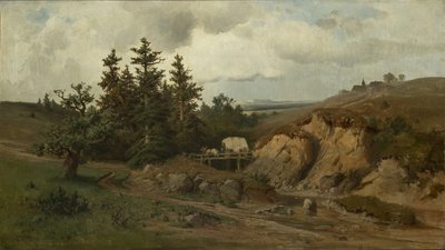 Landskap med en trebro - Landskap med en trebro - Adolf Kosarek (1830-1859). olje på lerret av Adolf Kosárek