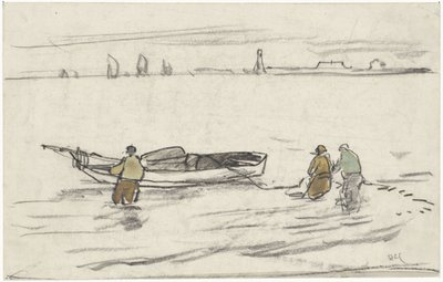 Tre menn som står i vannet trekker en seilbåt til siden av Adolf le Comte